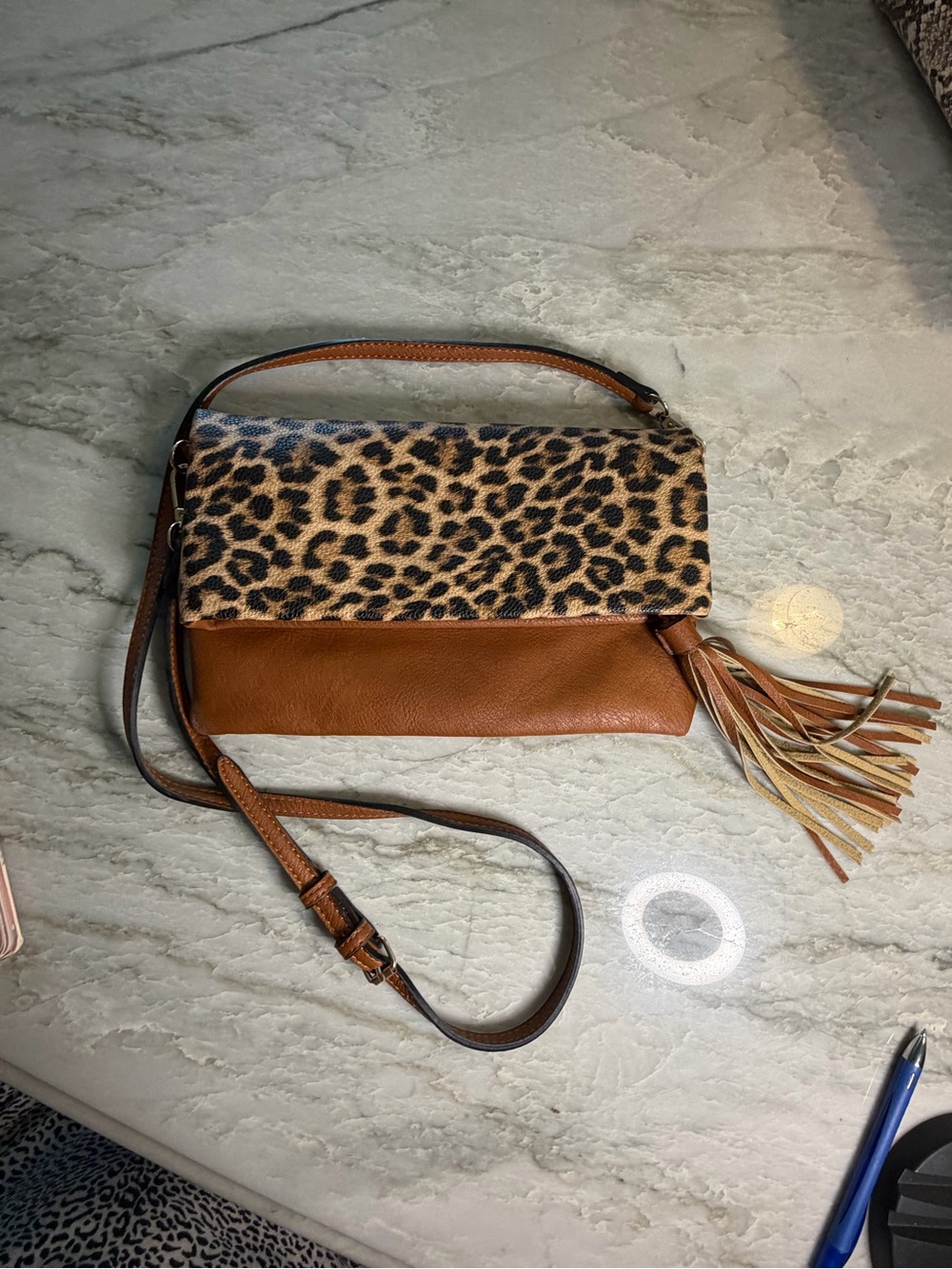 Leopard Print Fold-Over Crossbody Bag in Tan - Picture 2 of 7